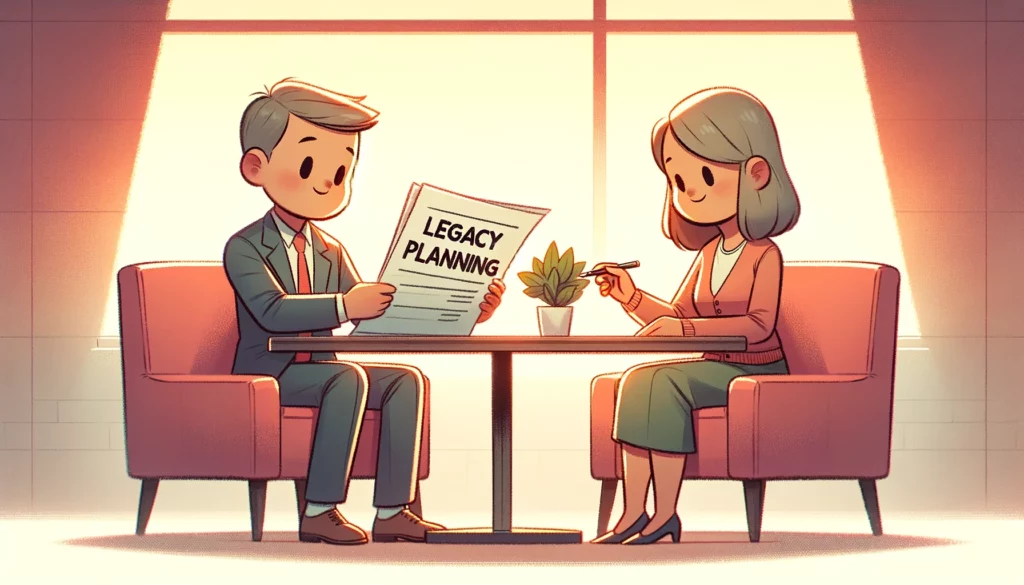 retired couple sitting at a table whilst reading a newspaper that says legacy planning on it.