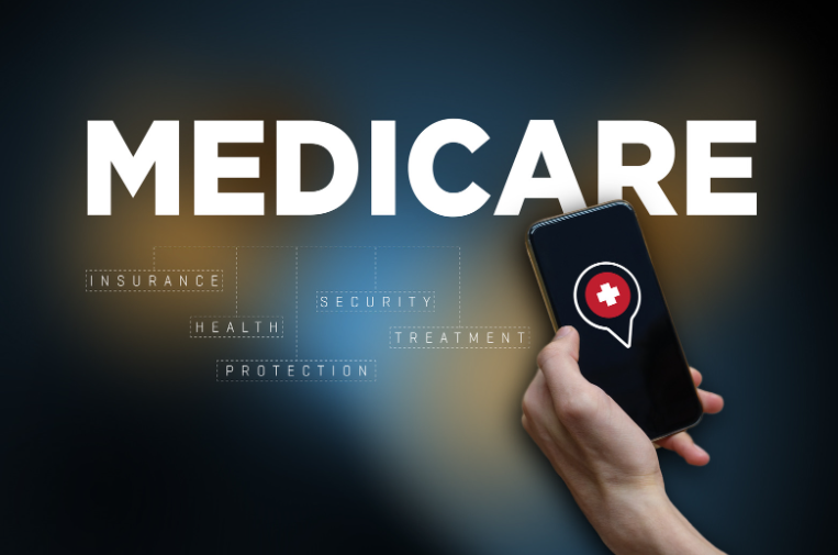 medicare insurance, health, security, protection, and treatment on a phone. 
